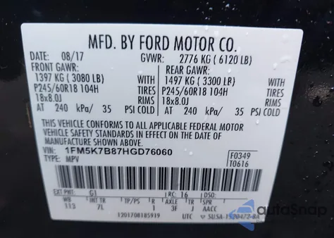 2017 Ford Explorer from USA, damaged, VIN 1FM5K7B87HGD76060